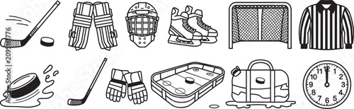 Photography Ice hockey gear vector set containing hockey stick puck goalie pads helmet skates net jersey gloves and rink layout elements for winter team sports championship competition design