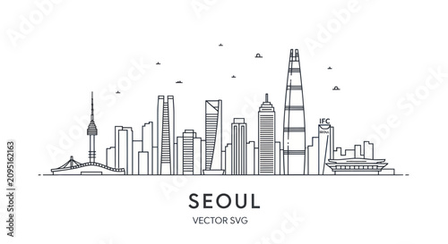 Photography Seoul city skyline panorama featuring famous urban landmarks