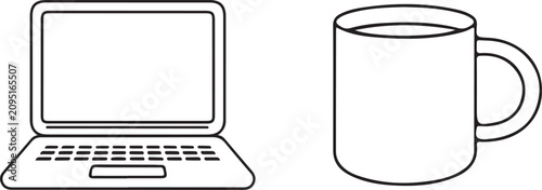 Laptop and Coffee Mug Outline Icons for Remote Work Concept