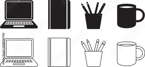 Office Workspace Essentials Silhouette and Outline Icon Set Vector