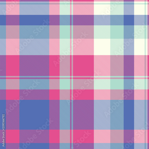 Traditional tartan plaid pattern with a textured woven appearance and pink and blue tones. The seamless fabric design creates a calm decorative background with a traditional textile feel.