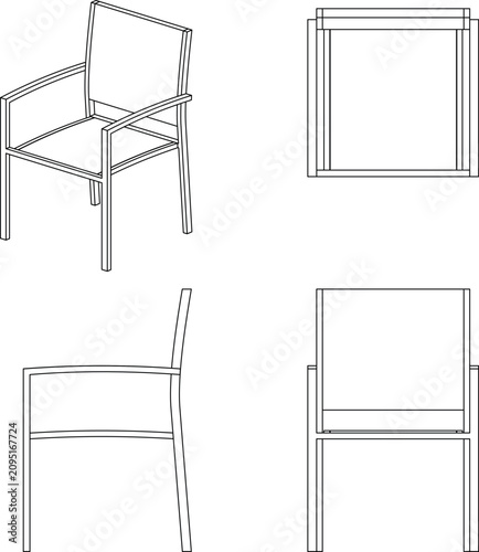 Technical CAD wireframe drawing of a modern armchair showing isometric, top, side, and front elevation views featuring a tubular frame with solid seat and back panels.
