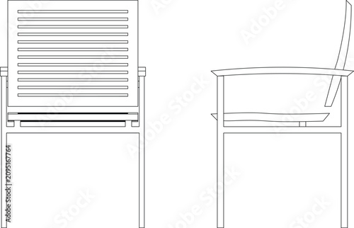 Quadro su tela Technical CAD line drawing of a chair showing front elevation with slatted backrest and side profile view featuring armrests and curved seat design