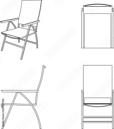 Technical CAD line drawing of a folding armchair featuring isometric, front, side, and rear elevation views in a clean wireframe style with simple construction details.