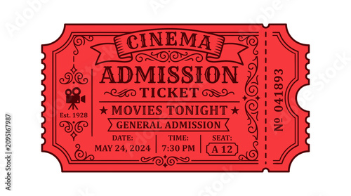 фотографія Retro red cinema admission ticket with movie camera icon