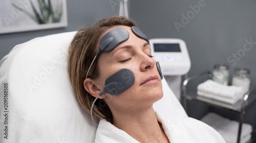 Woman receiving non-invasive EMFACE facial muscle toning treatment at aesthetic clinic