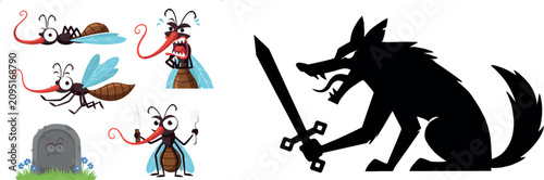 Obraz na płótnie Cartoon Mosquito Character Vector Set with Tombstone and Black Silhouette Wolf H