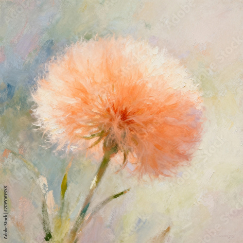 Soft Impasto Floral Oil Painting, Fluffy Orange Round Pom-pom Flowers, Slender Green Stems, Blurred Muted Pastel Grey Blue Gradient Background