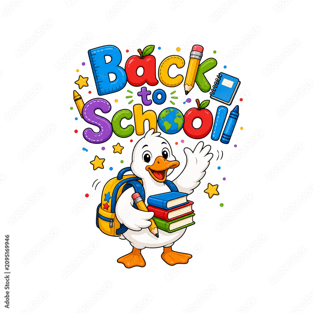 Obraz premium Cute Goose Back to School Character with Books and Education Supplies