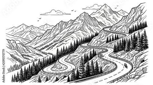 Canvastavla Winding mountain road passing through a forest of pine trees