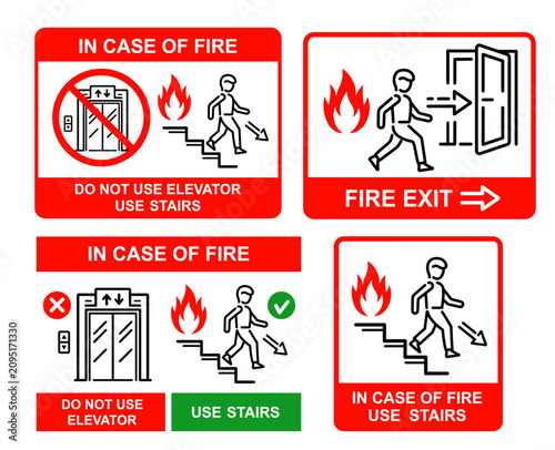 Fire emergency exit door, use stairs, not elevator lift in case building burning flame. Man escape run down stairway. Person safety evacuation way direction pointer indoor. Red warning sign. Vector