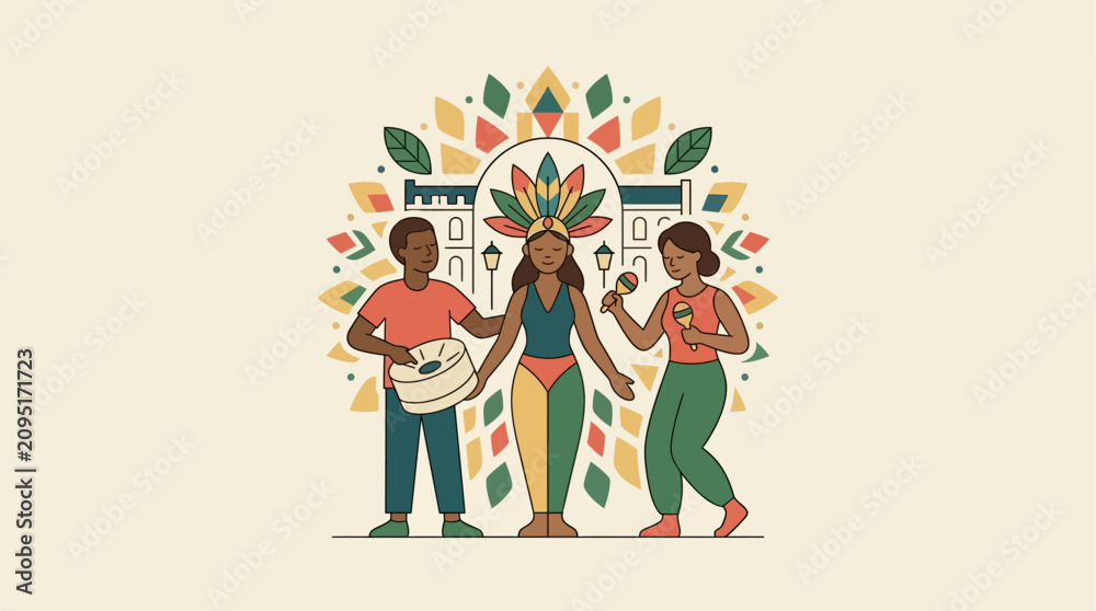 Fototapeta premium People dancing at a street carnival. Festive parade with music and costumes. Cultural celebration art.