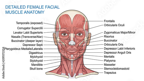 Detailed Female Facial Muscle Anatomy Illustration with Labels