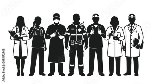 фотографія Group of medical professionals and emergency service personnel in black and white silhouette