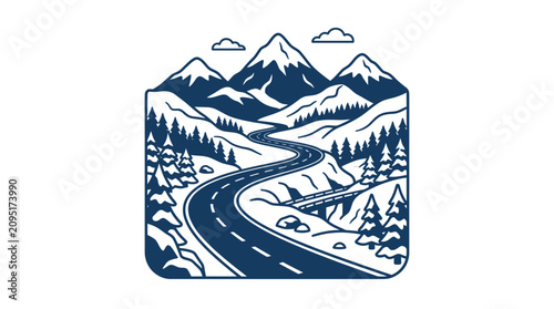 Winding mountain road through snowy peaks and evergreen forests