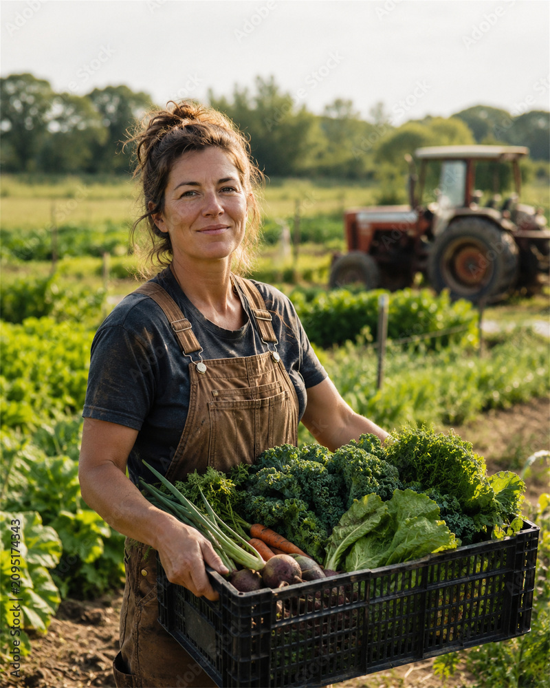 Fototapeta premium Confident woman farmer carries a crate of freshly harvested leafy greens through a productive field while a tractor rests behind her in warm sunlight across a sustainable rural landscape