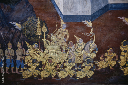 Traditional Thai Mural at Wat Phra Kaew Depicting a Royal Court Scene from the Ramakien Epic.