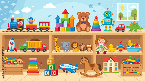 Canvas Print Variety of colorful children toys arranged on nursery room shelves