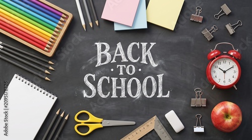 Back to school chalk text with colorful school supplies