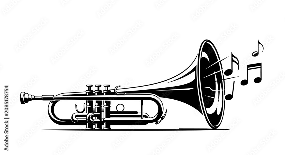 Obraz premium Black and White Musical Trumpet Illustration with Floating Notes