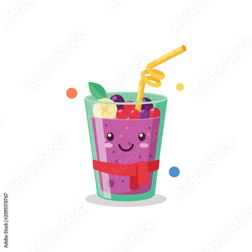 Canvas-taulu A cute cartoon vector of a purple berry smoothie featuring a smiling face, fruit garnishes, a yellow bendy straw, and a red scarf