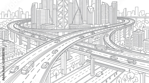 Photos City highway interchange and urban skyline line art landscape