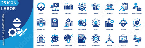 labor icon set collection in solid glyph dual color style. pack contain worker, workforce, employment, industry, factory, shift, wage, tools, hours, overtime icon