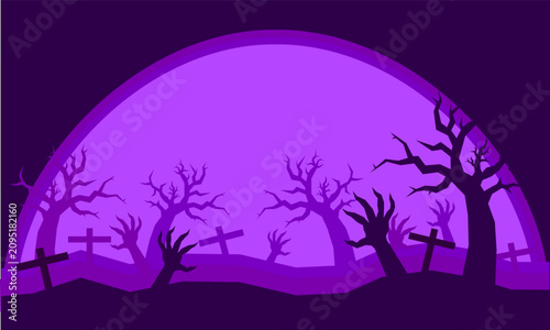 Halloween background with spooky zombie hands rising from graveyard crosses silhouettes and creepy dead trees under purple moon light, abstract flat vector illustration