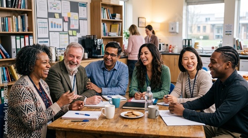 Diverse group of professionals laughing together during a meeting in a bright office setting