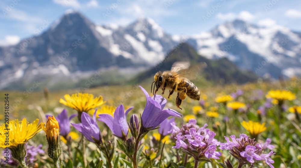Fototapeta premium Bee landing on colorful wildflowers in a sunny mountain meadow with snowcapped peaks