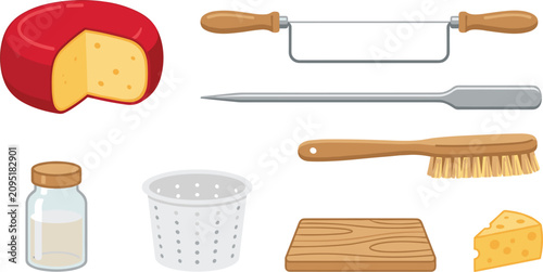 Quadro su tela Artisan Cheesemaking Craft Vector Set with Cheese Wheel Wire Cutter Mold Basket