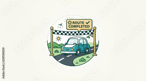 A stylized illustration of a small blue car successfully crossing a checkered finish line with a speech bubble indicating that the route is completed