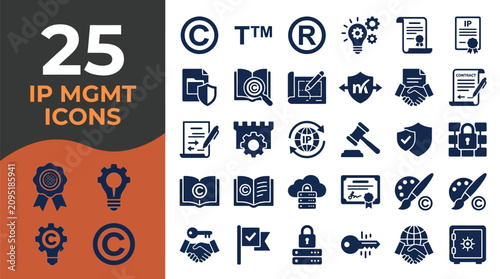 A comprehensive collection of professional intellectual property management icons set in a clean minimalist style