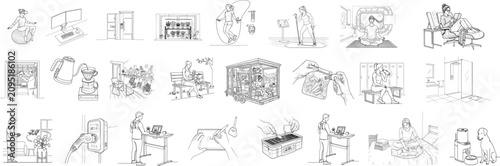 Modern Lifestyle and Smart Home Hand Drawn Line Art Icons Collection Vector Illustration Set
