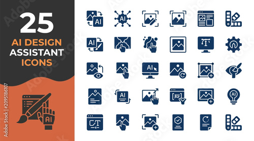 A collection of twenty five blue flat vector icons representing artificial intelligence design assistant software tools