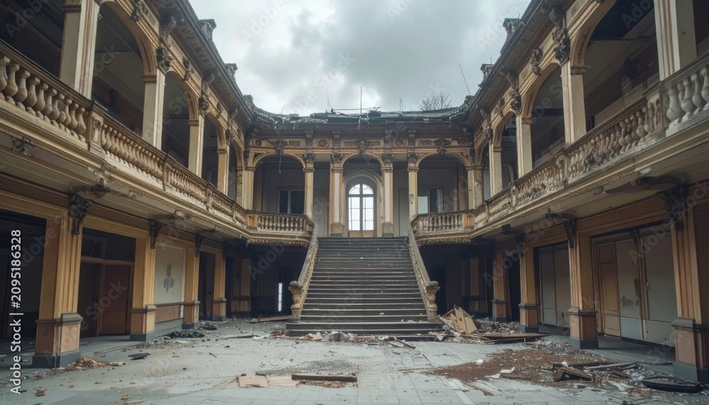Obraz premium Decaying historic hall with central stairs and balcony.