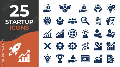 A collection of twenty five minimalist startup icons featuring business, finance, and technology growth concepts
