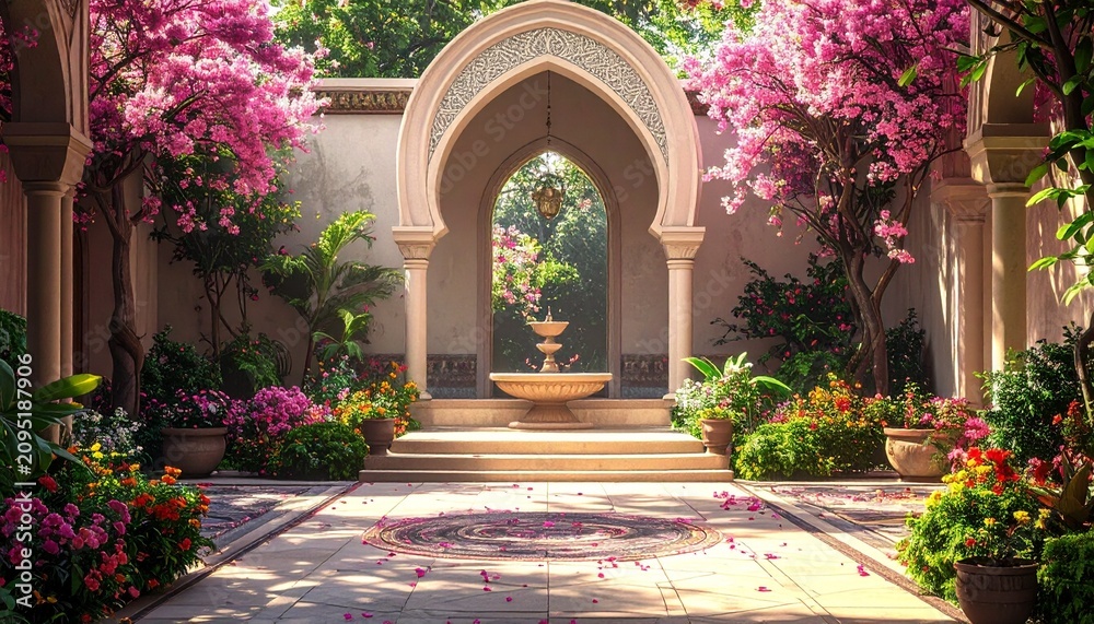 Fototapeta premium serene garden courtyard with fountain and arched entrance