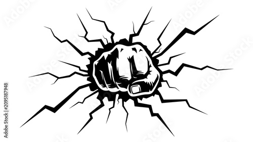 Schilderij op canvas Fist Punching Through Wall Crack Graphic Illustration