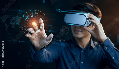 AI generated professional using virtual reality headset interacting holographic control interface immersive digital innovation smart technology futuristic virtual experience