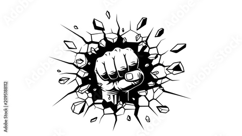 Fist Punching Through Wall Breaking Concrete Vector Illustration