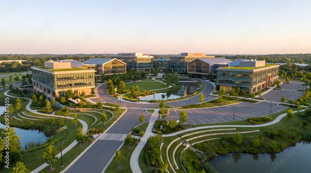 Fototapeta premium Aerial view of a modern corporate campus with office buildings and park