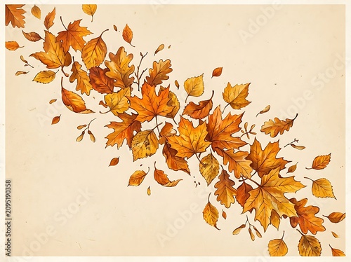 Golden autumn leaves falling gently on a warm beige surface
