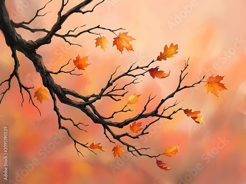 Autumn leaves cling to bare tree branches against soft orange and yellow bokeh light