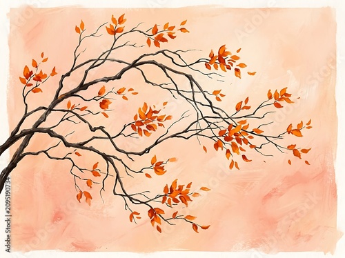 Autumn tree branch with orange leaves on soft peach colored gradient