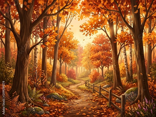 Vibrant autumn forest landscape with winding dirt path through trees