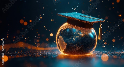 glowing digital globe wearing a graduation cap with tassel surrounded by golden sparkles and bokeh lights, evoking global achievement and futuristic celebration