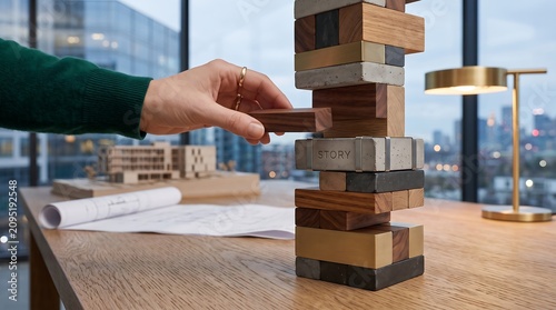 Hand playing wooden and stone tower game in modern office