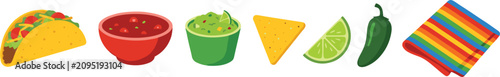 Foto Mexican Food Cuisine Vector Set with Taco Salsa Bowl Guacamole Nacho Chip Lime J