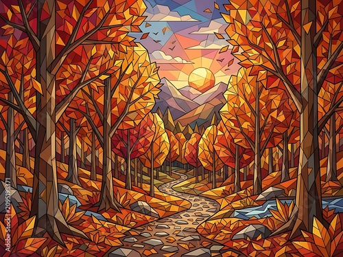 Autumn forest landscape with mountain range at sunset with trees and leaves on ground